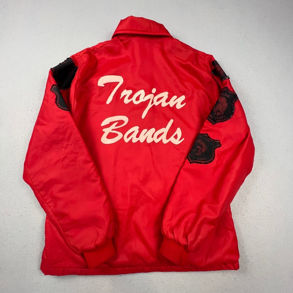 Vintage Trojan Bands Varsity Coaches Jacket Mens XL Red Patch Nylon Windbreaker